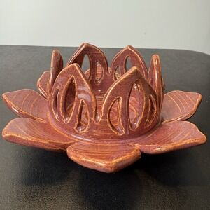 VTG Ceramic Lotus Flower Candle Holder In Terracotta Glazed Swirls Signed Beauty